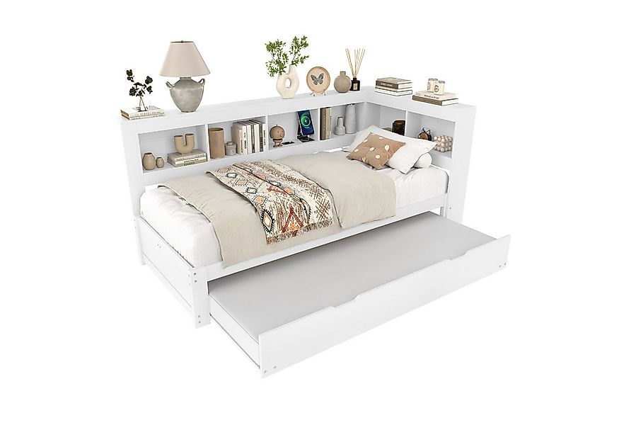 SOFTWEARY Jugendbett mit Lattenrost und Regal (Gästebett, USB Anschlüssen u günstig online kaufen