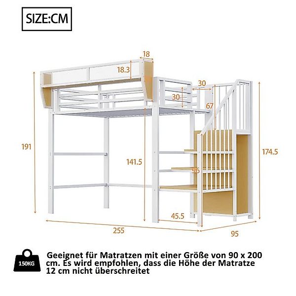 Flieks Hochbett Metall Kinderbett 90x200cm mit Abnehmbarem Lagerregal Kleid günstig online kaufen