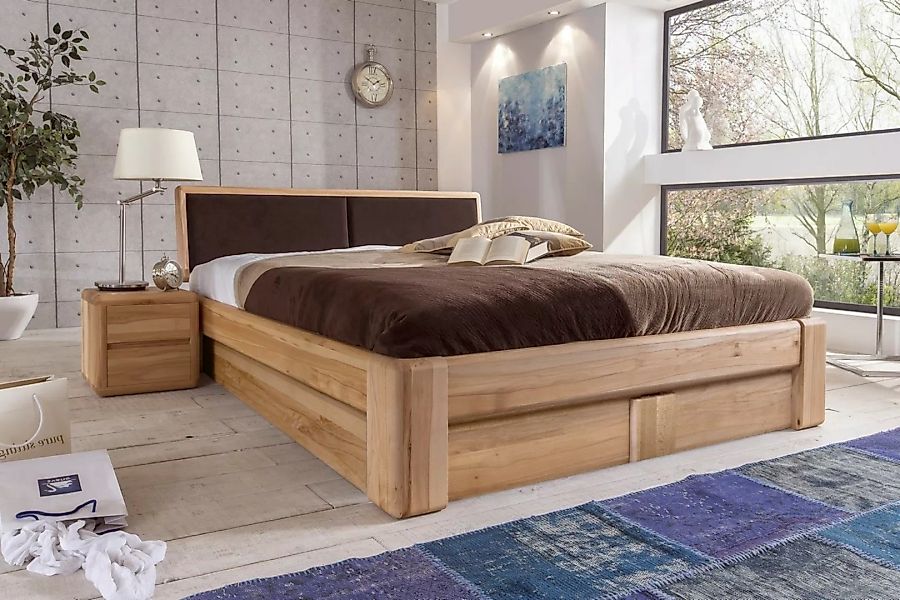Doppelbett 200x200 cm mit Bettkasten und Lattenrost Kernbuche massiv Verona günstig online kaufen