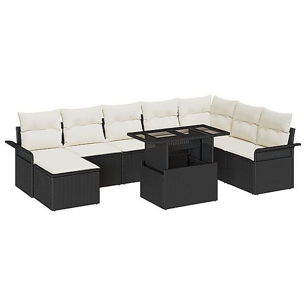 vidaXL Loungesofa 9-tlg. Garten-Sofagarnitur mit Kissen Schwarz Poly Rattan günstig online kaufen
