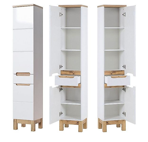 Lomadox Hochschrank SOLNA-56 Badezimmer Hochglanz weiß mit Wotaneiche, BxHx günstig online kaufen