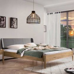 140x00 cm Bett Wildeiche geölt mit Polsterkopfteil in Dunkelgrau günstig online kaufen