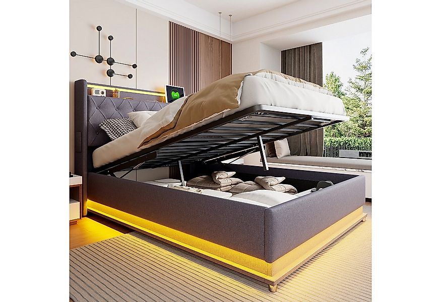 Merax Polsterbett mit LED-Beleuchtung & USB-Ladeanschluss (1-tlg., Hydrauli günstig online kaufen