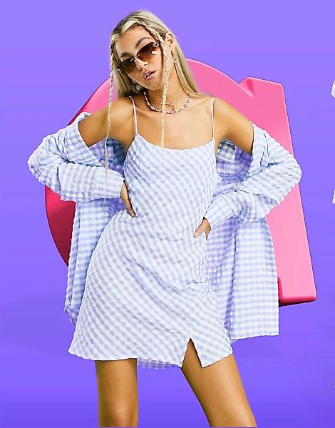 ASOS DESIGN – Mini-Trägerkleid mit blauem Karomuster-Mehrfarbig günstig online kaufen