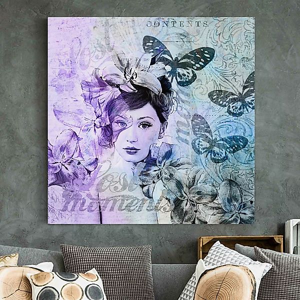 Leinwandbild Shabby Chic Collage - Portrait mit Schmetterlingen günstig online kaufen