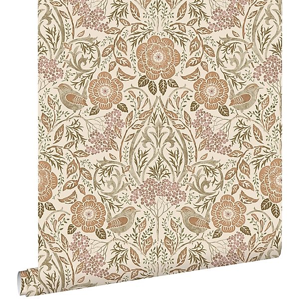 ESTAhome Tapete Blumen und Vögel im Jugendstil Sandbraun Beige und Altrosa günstig online kaufen