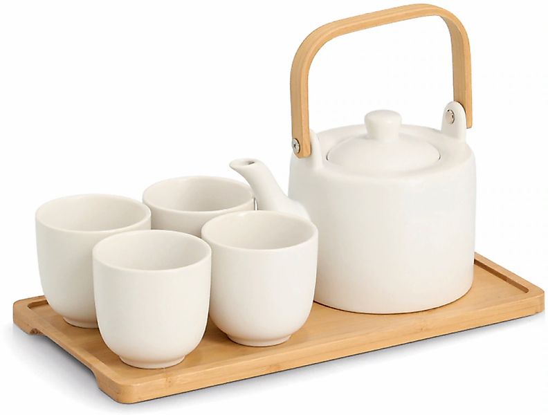 Zeller Present Geschirr-Set "Tee-Set, 6-tlg. Steingut/Bambus, weiß" Teekann günstig online kaufen