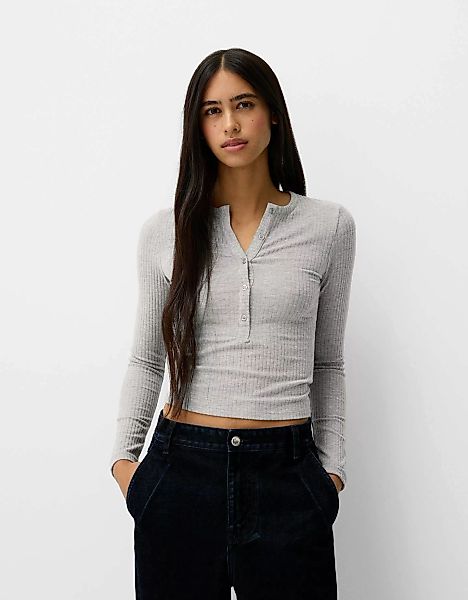 Bershka Pullover Mit Rippmuster Und Knöpfen Damen M Grau günstig online kaufen