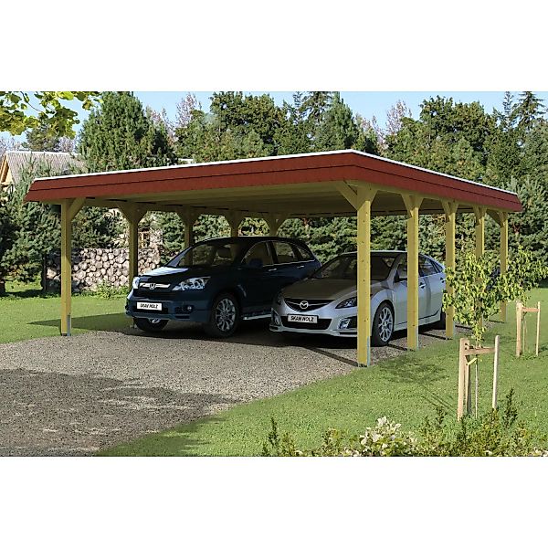 Skan Holz Walmdach-Doppelcarport Spreewald 585 cm x 741 cm Blende in Rot günstig online kaufen