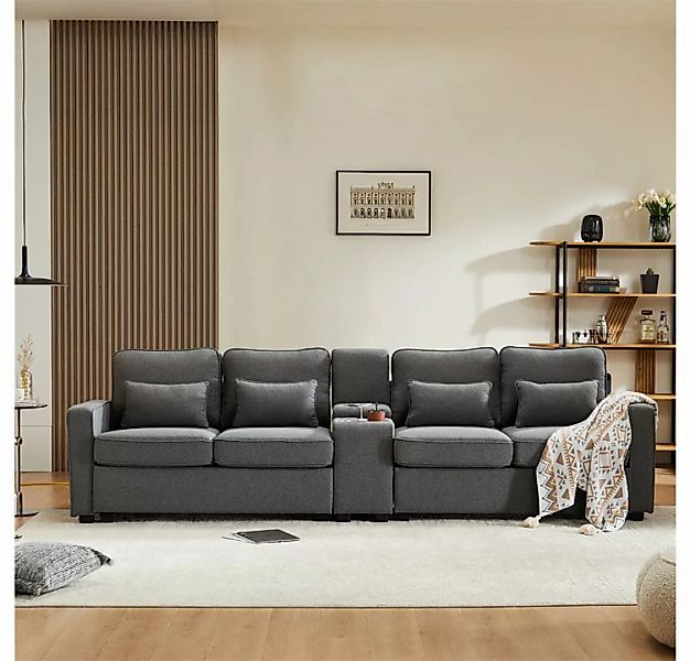 Sweiko Sofa 4-Sitzer-Sofa aus Leinenstoff mit Konsole 2 Getränkehaltern, 2 günstig online kaufen