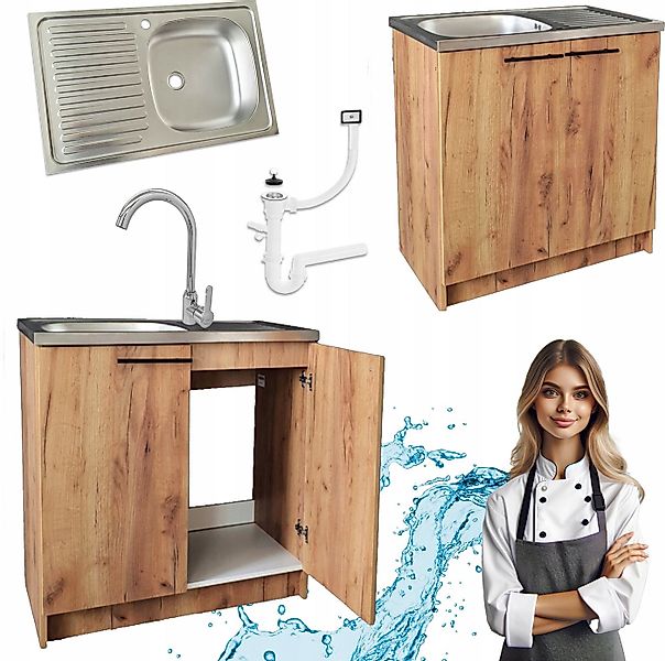 STAMAR Spülenschrank Küchenschrank 80cm Eiche Gold Spüle Hocharmatur Siphon günstig online kaufen