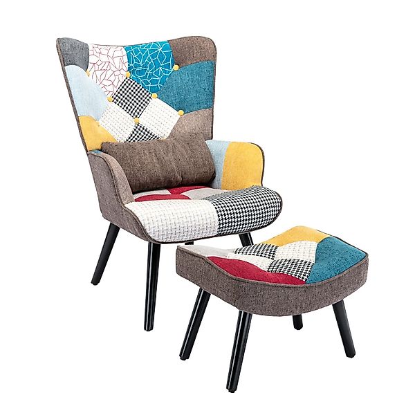HomeMiYN Ohrensessel Relaxsessel mit Hocker Patchwork günstig online kaufen