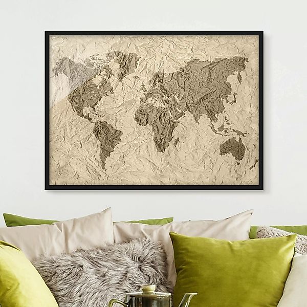Bild mit Rahmen Stadt-, Land- & Weltkarte - Querformat Papier Weltkarte Bei günstig online kaufen