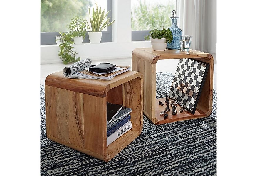 FINEBUY Satztisch FB43514 2er Set Massivholz Wohnzimmertisch Landhaus Cube günstig online kaufen