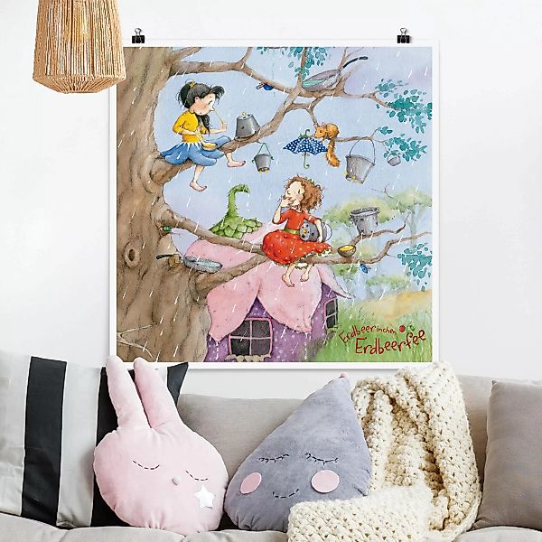 Poster Kinderzimmer - Quadrat Erdbeerinchen Erdbeerfee - Es regnet günstig online kaufen