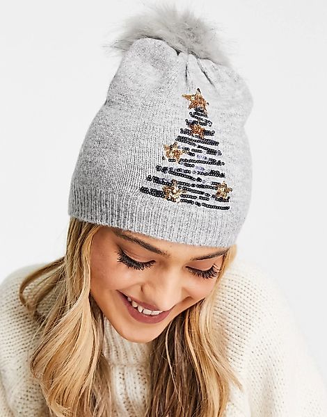 Boardmans – Weihnachtliche Strickmütze in Grau mit Kunstpelzbommel und mit günstig online kaufen
