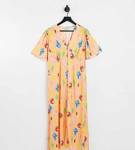Never Fully Dressed Plus – Midaxi-Kleid in Orange mit Knopfdetail und Musch günstig online kaufen