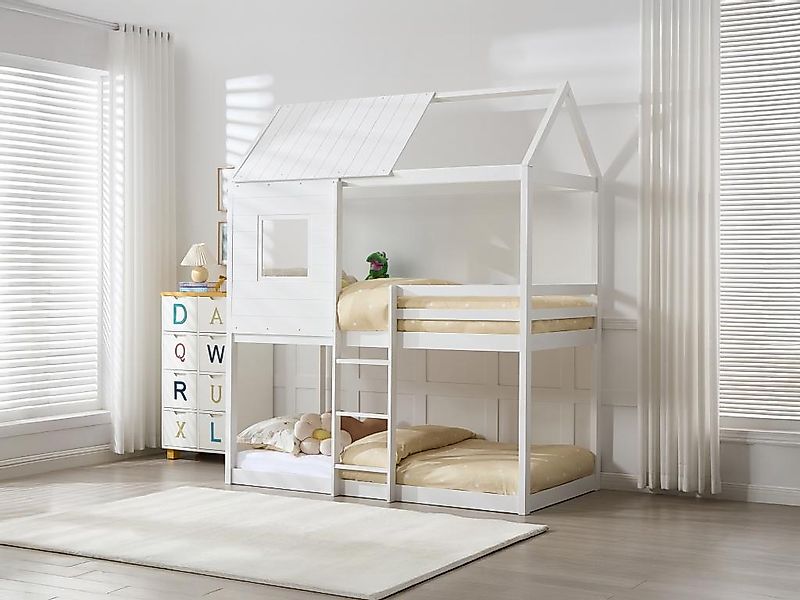 Etagenbett in Hausoptik - 2 x 90 x 190 cm - Kiefer & MDF - Weiß - LIDOVARA günstig online kaufen