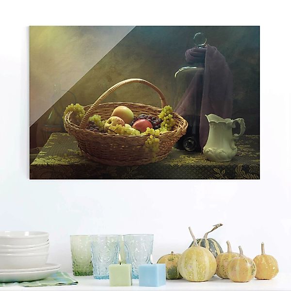 Glasbild Küche - Querformat Stillleben mit Obstkorb günstig online kaufen