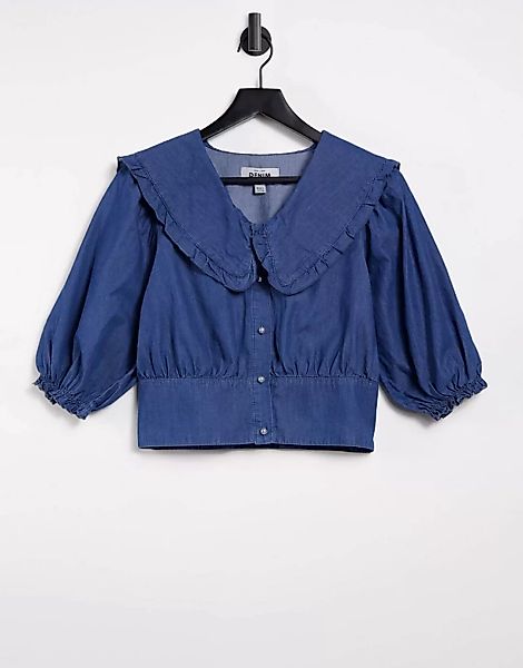 New Look – Denim-Bluse mit Kragen in Blau günstig online kaufen
