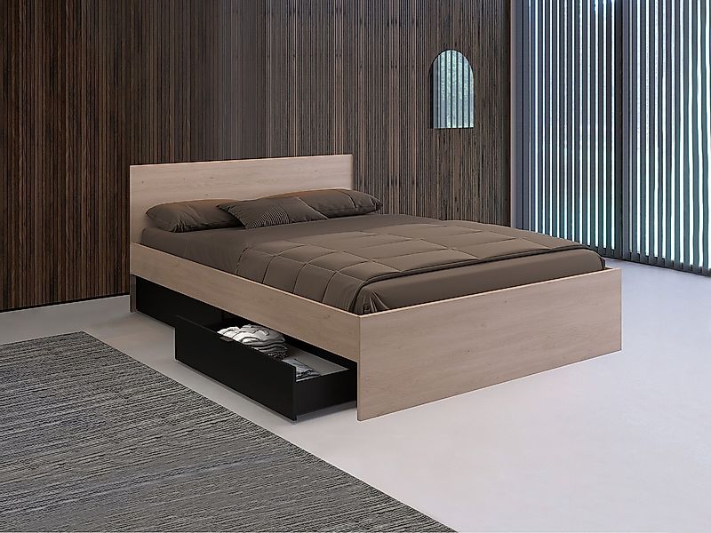 Bett mit 2 Schubladen + Lattenrost - 160 x 200 cm - Naturfarben & Schwarz - günstig online kaufen
