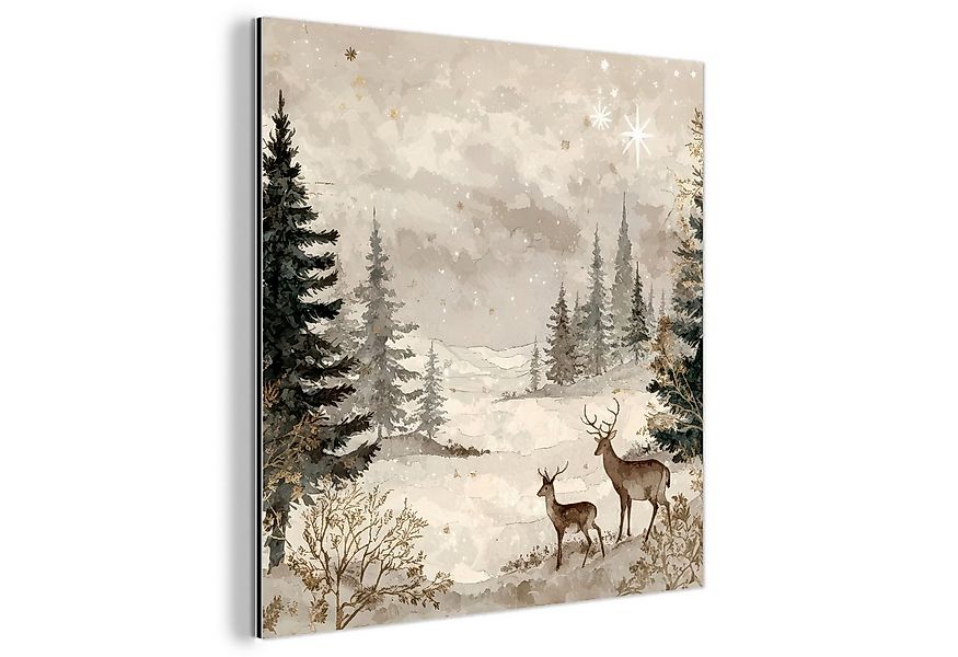 MuchoWow Metallbild Wald - Hirsche - Winter - Schnee, Inkl. Aufhängung, Alu günstig online kaufen