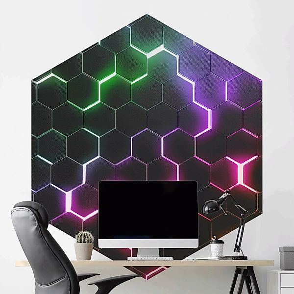 Hexagon Mustertapete Strukturierte Hexagone mit Neonlicht günstig online kaufen