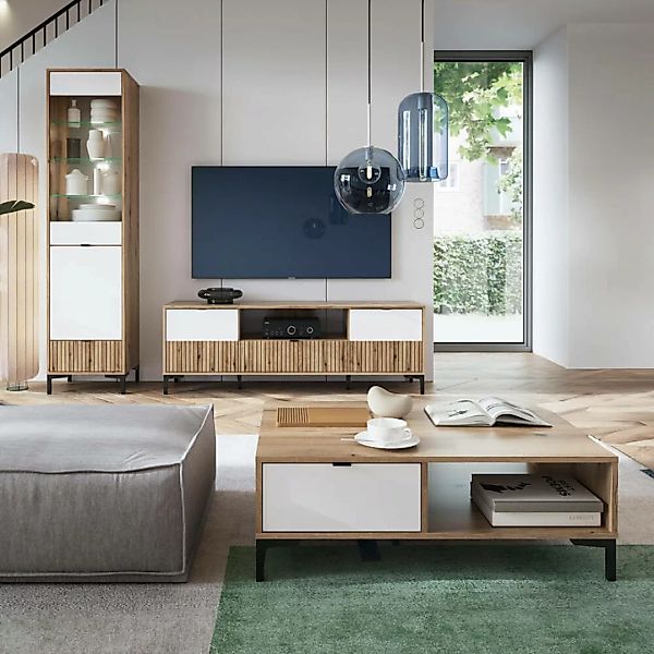 Wohnwand Set Eiche mit weiß und Rillen Design modern RISBY-129 3-teilig mit günstig online kaufen