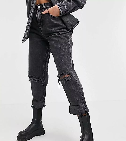 ASOS DESIGN Petite – Legere Mom-Jeans in verwaschenem Schwarz mit hoher Tai günstig online kaufen