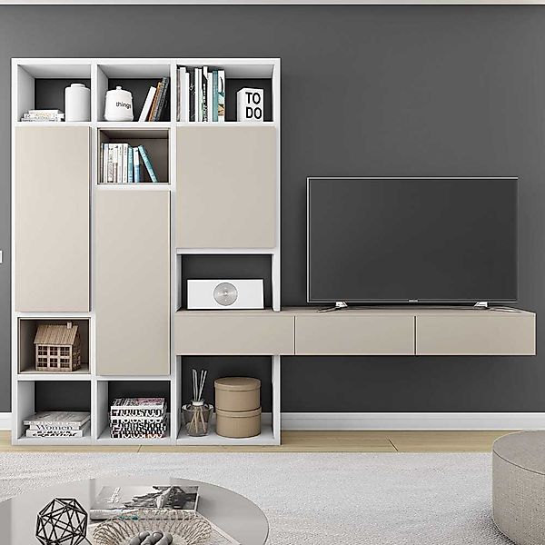 Design TV Wand mit Türen Weiß und Beige günstig online kaufen