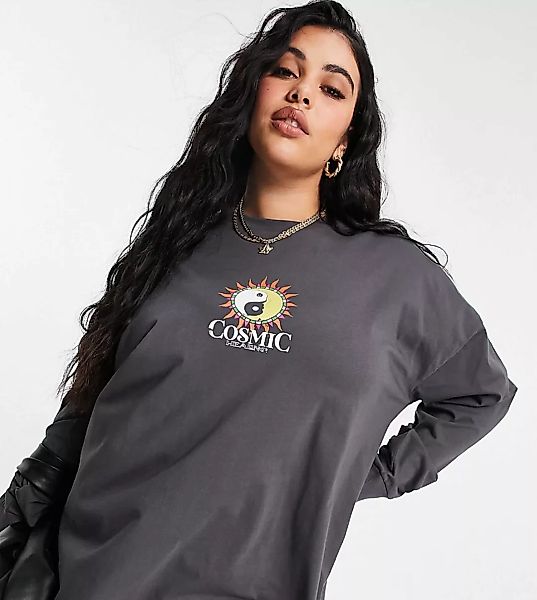 ASOS DESIGN Curve – Oversize-T-Shirt mit „Cosmic Healing“-Print in Anthrazi günstig online kaufen