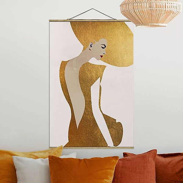 Stoffbild mit Posterleisten Dame mit Hut in Gold günstig online kaufen