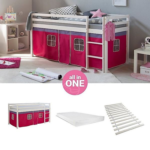 Homestyle4u Hochbett 90x200 cm Kinderbett Weiß Kiefer mit Vorhang Pink mit günstig online kaufen