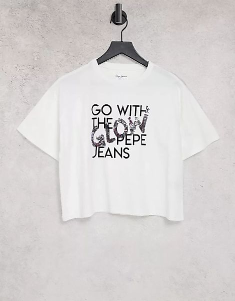 Pepe Jeans – Adina – T-Shirt mit Grafiklogo in Weiß günstig online kaufen