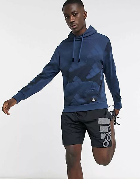 adidas – Sportkleidung – Kapuzenpullover in Marineblau mit Print-Muster günstig online kaufen