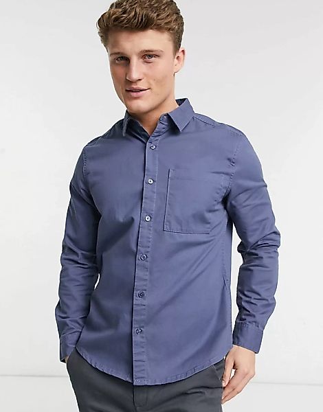 New Look – Langärmliges Hemd aus Twill in Mittelblau günstig online kaufen
