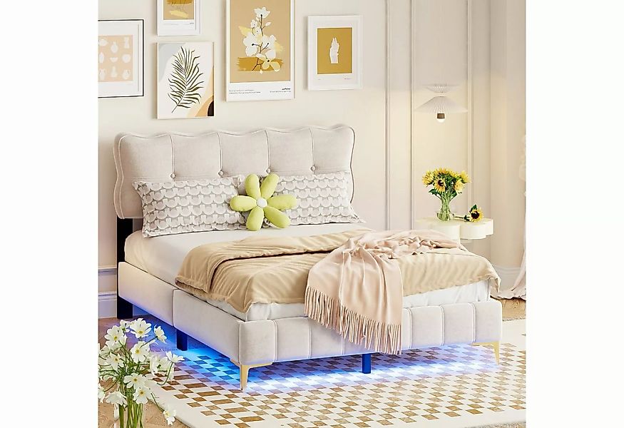 Celya Polsterbett Jugendbett, Doppelbett mit LED-Leuchten, Samtstoff, 140 x günstig online kaufen