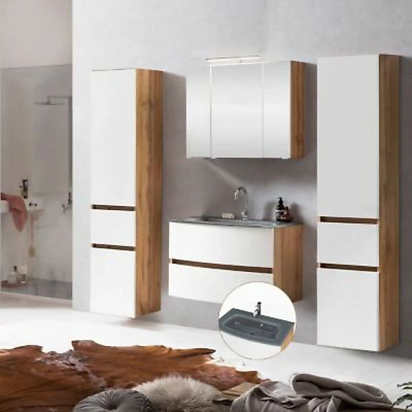 Lomadox Badezimmer Komplett LAURIA-03 in Wotaneiche Nb. mit matt weiß, inkl günstig online kaufen