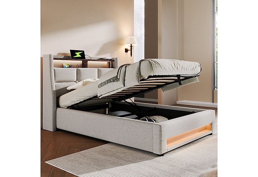 Flieks Polsterbett, Baumwolle-Leinen Bezug Stauraumbett mit USB-Anschluss u günstig online kaufen