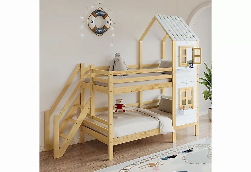 EXTSUD Kinderbett Etagenbett mit Handlauf und Fenster, Hausbett (Kinderbett günstig online kaufen