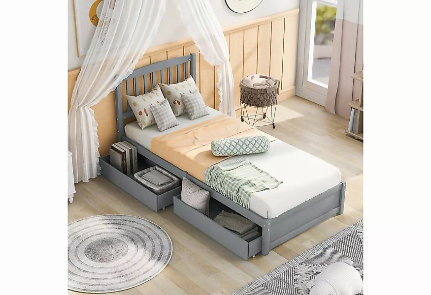 BlingBin Einzelbett Massivholzbett Jugendbett mit 2 Schubladen 90×200cm Gra günstig online kaufen