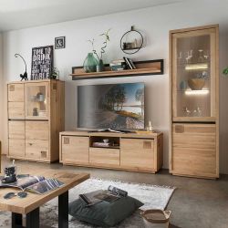 Wohnwand Massivholz aus Wildeiche Hirnholz Einlagen (vierteilig) günstig online kaufen