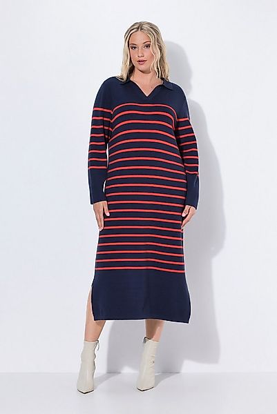 Ulla Popken Midikleid Strick-Midikleid Streifen Kragen V-Ausschnitt günstig online kaufen