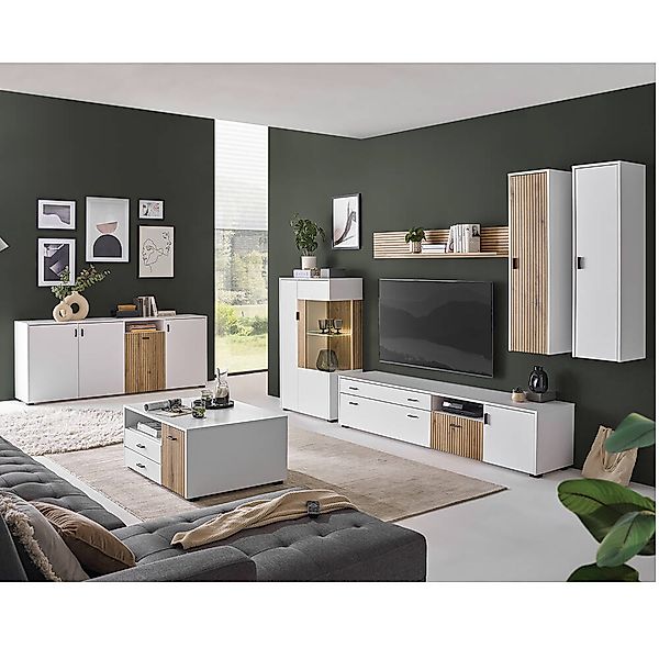 Wohnzimmer Set mit Beleuchtung weiß matt Eiche gerillt HUNTER-61, 7-teilig günstig online kaufen