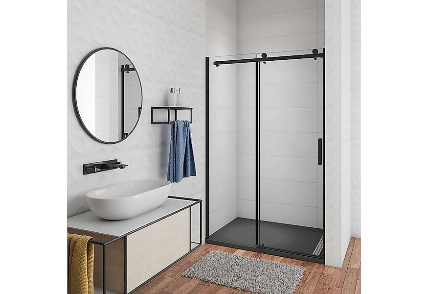 AICA Dusch-Schiebetür 8mm Nano Glas Schwarze Schiebetür Nischentür Duschtür günstig online kaufen
