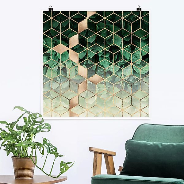 Poster Abstrakt - Quadrat Grüne Blätter goldene Geometrie günstig online kaufen