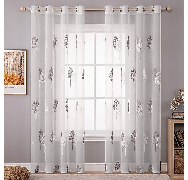 NUODWELL Gardine 2er Set Wohnzimmer Vorhänge, Modern Stickerei Blätter Must günstig online kaufen