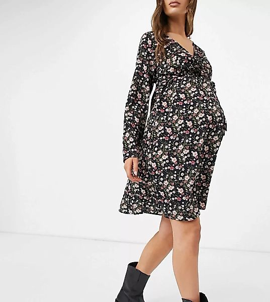 Mamalicious Maternity – Minikleid mit Wickeldesign vorne und Blümchenmuster günstig online kaufen