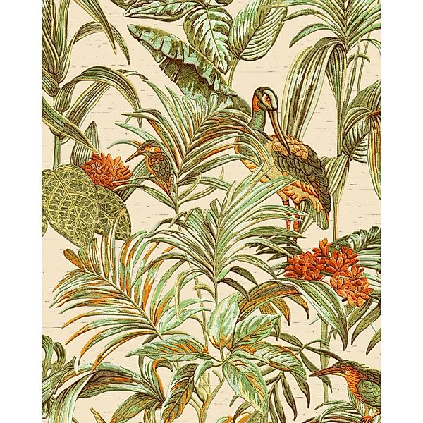 PROFHOME DE120013-DI Vogel Tapete Vogelmuster glänzend Creme Grün Orange 0, günstig online kaufen