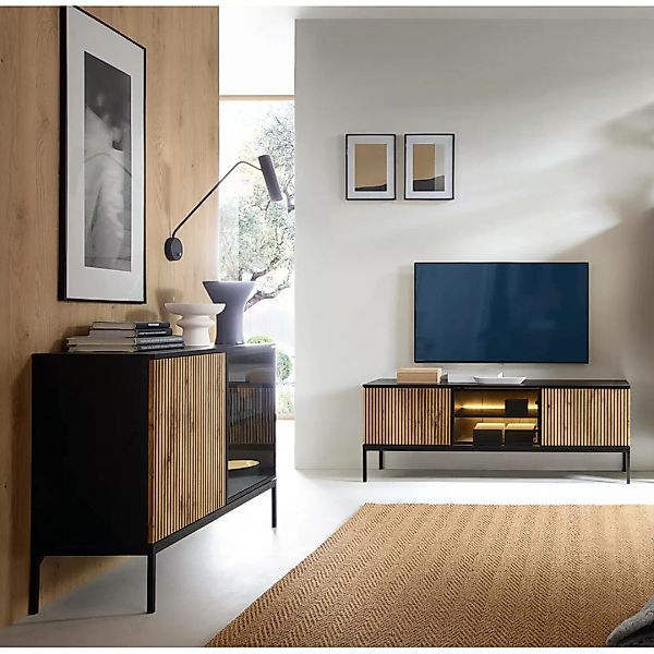 Wohnzimmer Set, 2-teilig, inkl. Beleuchtung, schwarz mit Wotan Eiche SIBARI günstig online kaufen